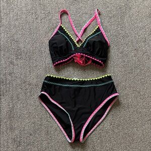 Black High-Waist Bikini with Pink & Neon Trim